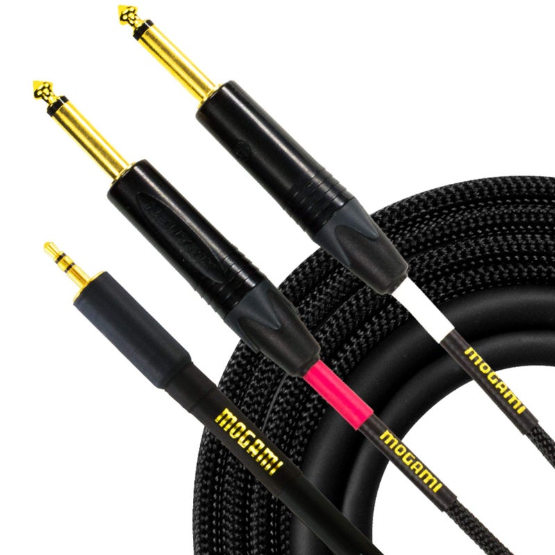 كابل موغامي جولد 3.5-2TS-15 Y-Adapter للصوت الاستيريو، موصل TRS 3.5 مم إلى موصلين 1/4" TS مزدوجين، جهات اتصال ذهبية، موصلات مستقيمة، بطول 15 قدم